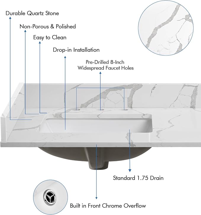 36 in.W x 22 in.D Quartz Calacatta River Vanity Top,with Undermount Left Offset Sink Vanity Top,with Two Sidesplash & One Backsplash,8 Inch Faucet Hole Spread Bathroom Vanity Sink Countertop