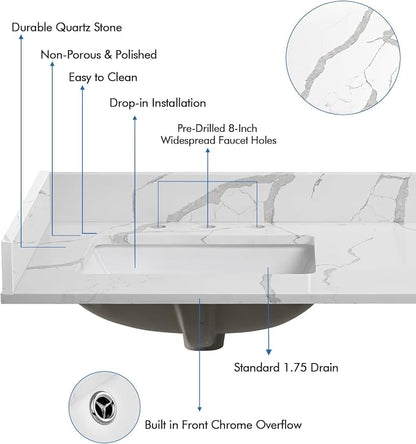 36 in.W x 22 in.D Quartz Calacatta River Vanity Top,with Undermount Left Offset Sink Vanity Top,with Two Sidesplash & One Backsplash,8 Inch Faucet Hole Spread Bathroom Vanity Sink Countertop