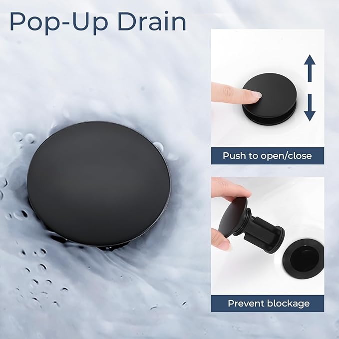 Bathroom Faucet 3 Hole, Matte Black Bathroom Sink Faucet with Pop Up Drain, 8 inch Widespread Bathroom Faucet with 360° Swivel Spout, 2 Handle Vanity Faucet with Water Supply Hoses