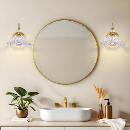 1 Piece Vintage Wall Sconce with Floral Rainbow Glass Shade, Matte Brass Finish Wall Mount Lighting for Bathroom,Vintage Bathroom Vanity Light Fixtures