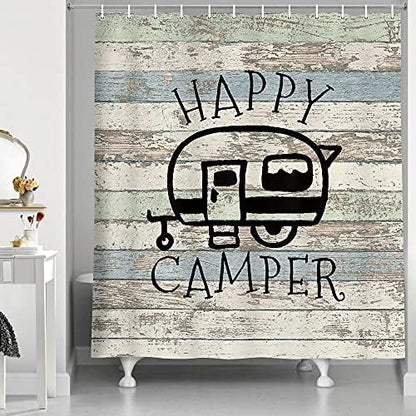 Happy Campers Shower Curtain Retro Rustic Wood Neutral Color For Travel Trailer Camping Motor RV Bathroom Stall Shower Curtain Set, Small Size Waterproof Fabric Shower Cutain, Hooks Include 47x64