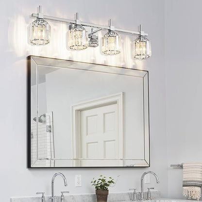 SOLFART Crystal 4 Lights Bathroom Lights Over Mirror Bathroom Lighting Fixtures Over Mirror Chrome Vanity Light Fixture Bathroom Vanity Light 4T CH