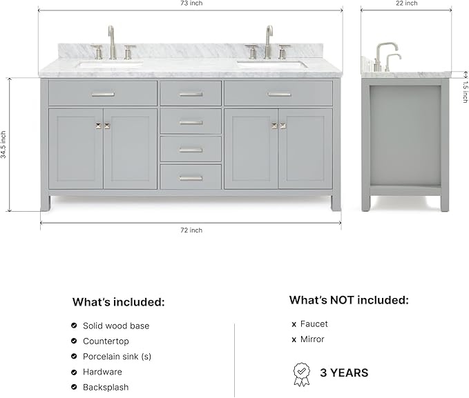 DKB Alenza 72 Inch Bathroom Vanity Double Sink — Grey Bathroom Vanity with Sink, 1.5" Edge Italian Carrara Marble Countertop & Backsplash, 4 Soft-Close Doors, 4 Dovetail Drawers