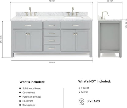 DKB Alenza 72 Inch Bathroom Vanity Double Sink — Grey Bathroom Vanity with Sink, 1.5" Edge Italian Carrara Marble Countertop & Backsplash, 4 Soft-Close Doors, 4 Dovetail Drawers