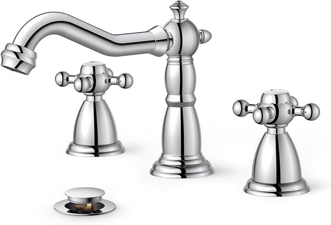 FORIOUS Bathroom Faucets for 3 Hole Sink Polished Chrome, 2-Handle 8 Inch Widespread Antique Vintage Bathroom Sink Faucet for Vanity RV Farmhouse with Metal Pop Up Drain and Supply Lines