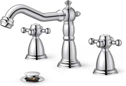 FORIOUS Bathroom Faucets for 3 Hole Sink Polished Chrome, 2-Handle 8 Inch Widespread Antique Vintage Bathroom Sink Faucet for Vanity RV Farmhouse with Metal Pop Up Drain and Supply Lines