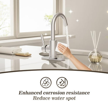 Phiestina Bathroom Sink Faucet,Single-Handle Bathroom Faucet with 4 Inch Deck Plate and Metal Drain, Fit for 1 or 3 Hole Installation, 360 Degree Rotation Spout, Brushed Nickel, WE08E-BN