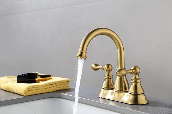 Two Handle Bathroom Sink Faucet 3 Hole with Overflow Pop up Drain, 360° Swivel Spout 4 Inch Centerset Lavatory Faucet Without Water Supply Lines,Brushed Gold,F-4501-CS