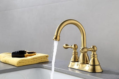 Two Handle Bathroom Sink Faucet 3 Hole with Overflow Pop up Drain, 360° Swivel Spout 4 Inch Centerset Lavatory Faucet Without Water Supply Lines,Brushed Gold,F-4501-CS