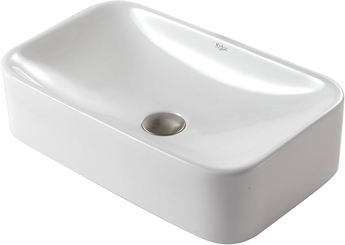 Kraus KCV-122-SN Ceramic Above counter Rectangular Bathroom Sink, 19.44 x 11.84 x 5 inches, Satin Nickel/White