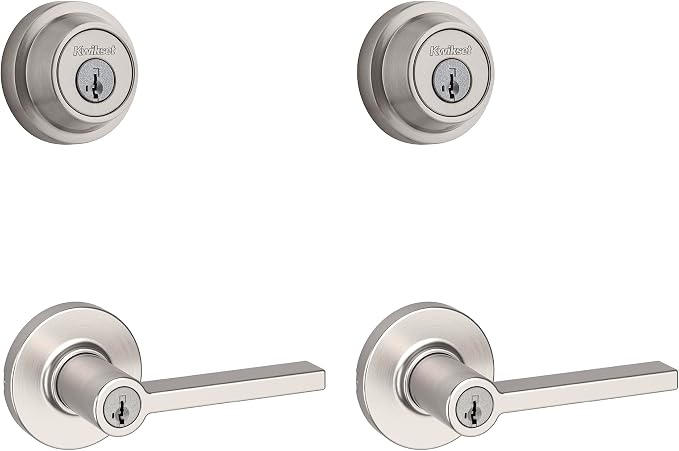 Kwikset Casey Round Front Door Lock Handle and Deadbolt Set, Entry Exterior with Interior Reversible Lever, Satin Nickel, Project Pack, Pick Resistant SmartKey Rekey Deadbolt Security