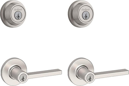 Kwikset Casey Round Front Door Lock Handle and Deadbolt Set, Entry Exterior with Interior Reversible Lever, Satin Nickel, Project Pack, Pick Resistant SmartKey Rekey Deadbolt Security