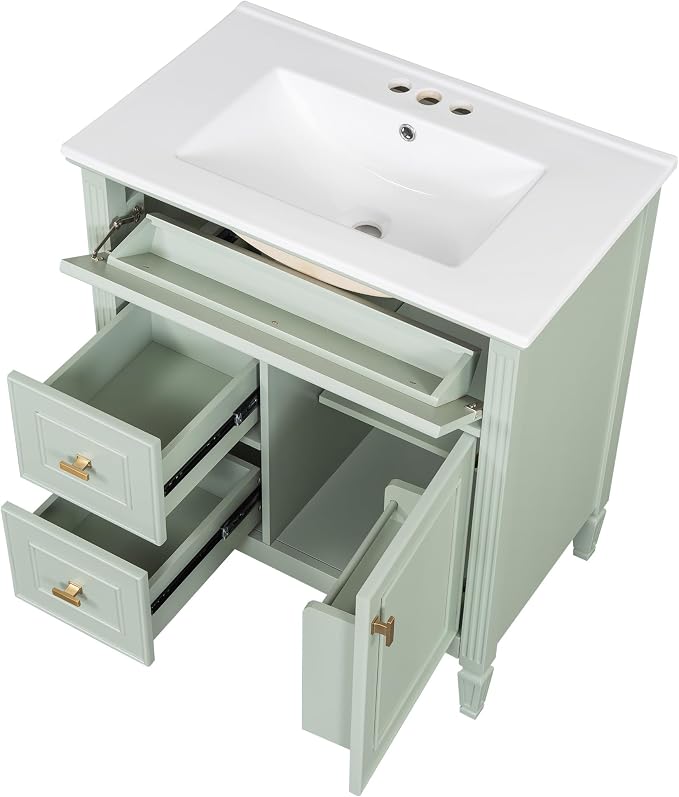 30" Bathroom Vanity with Ceramic Sink, Undermount Single Basin Bath Vanity Set w/1 Flip-Up & 2 Drawers,Modern Freestanding Storage Cabinet w/Adjustable Shelf,Solid Wood Frame,Green