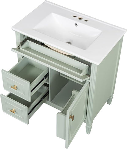 30" Bathroom Vanity with Ceramic Sink, Undermount Single Basin Bath Vanity Set w/1 Flip-Up & 2 Drawers,Modern Freestanding Storage Cabinet w/Adjustable Shelf,Solid Wood Frame,Green