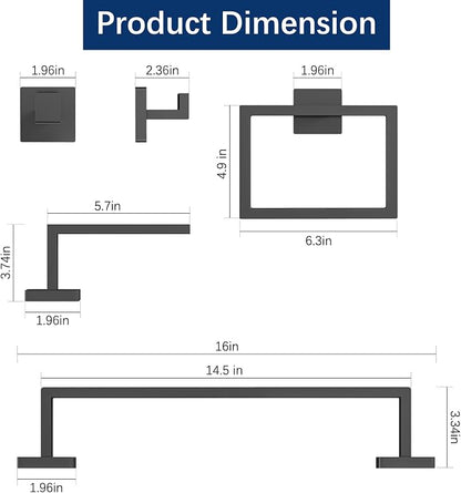 Gypie Bathroom Hardware Accessories Set, 5-Piece 16In Black Wall Mounted | Towel Racks for Bathroom Stainless Steel Towel Bar Rack Set