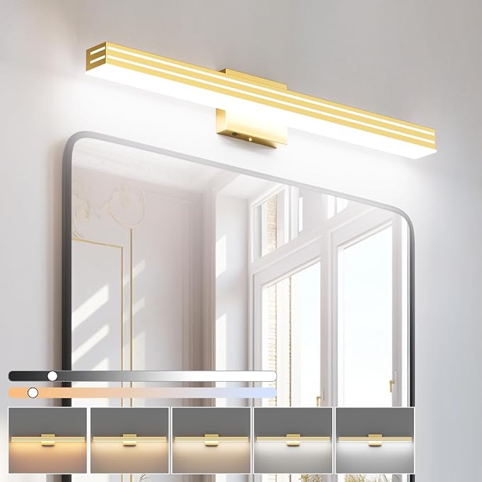 Ralbay 31.5inch Gold Vanity Light with 5 Color Temperature (2700K-6000K) Dimmable Acrylic Metal 30W LED Modern Matte Gold Bathroom Light Fixtures