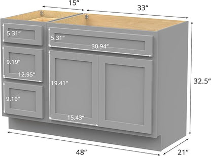 Vanity Art 48 inch Bathroom Vanity with Double Shutter Door, Wood Bathroom Vanity Cabinet with Soft Closing Shaker Drawer, Sturdy Floor Mounted Storage Cabinet Organizer for Bathroom, VA4048-3-G