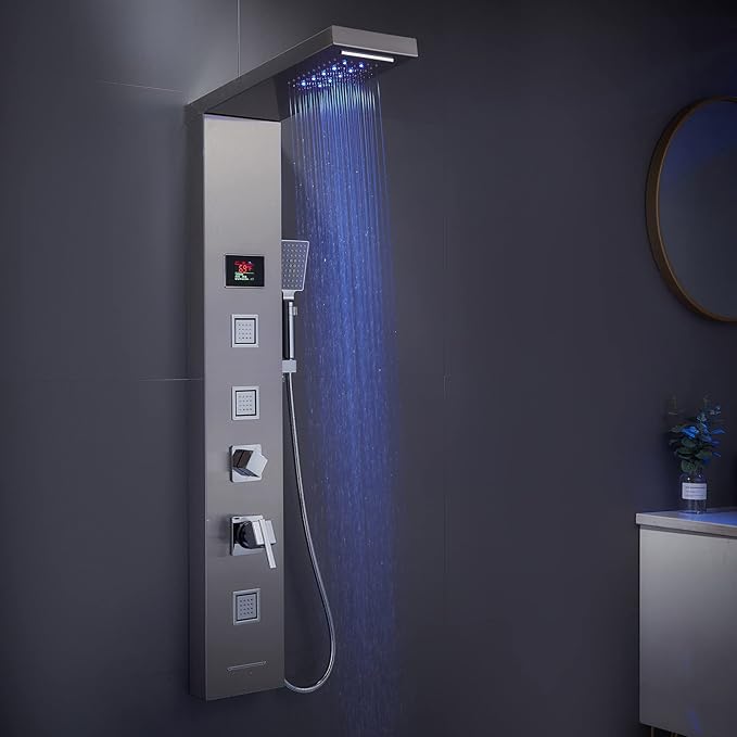 MENATT LED Shower Panel, 5-in-1 Shower Tower System, Rainfall & Waterfall Shower Head, Massage Jets, Tub Spout, Handheld Shower (Brushed)