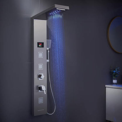 MENATT LED Shower Panel, 5-in-1 Shower Tower System, Rainfall & Waterfall Shower Head, Massage Jets, Tub Spout, Handheld Shower (Brushed)