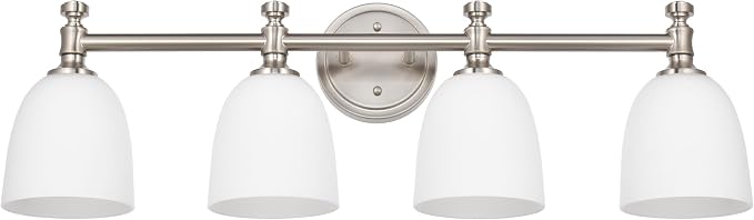 Bathroom Vanity Light, 4-Light Bathroom Light Fixtures Over Mirror, Traditional Vanity Lights for Living Room, Milk White Bell Glass Shades, Standard E26 Base, Brushed Nickel