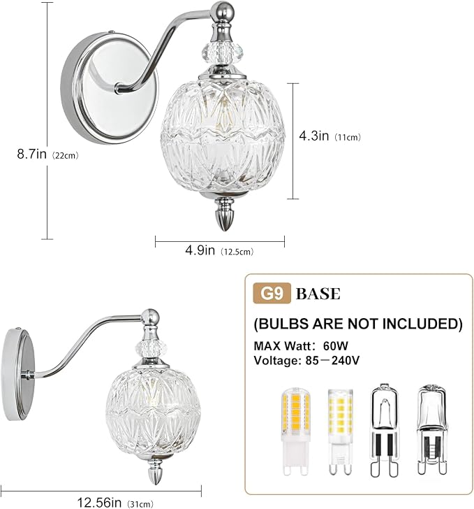 1 Piece Brushed Chrome Wall Sconce, 1-Light Mid Century Modern Brushed Chrome Finish Wall Sconce with Globe Glass Shade, Modern Light for Bathroom, Bedroom, Living Room,Powder Room