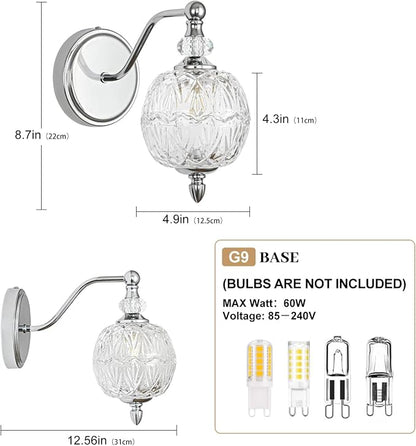 1 Piece Brushed Chrome Wall Sconce, 1-Light Mid Century Modern Brushed Chrome Finish Wall Sconce with Globe Glass Shade, Modern Light for Bathroom, Bedroom, Living Room,Powder Room