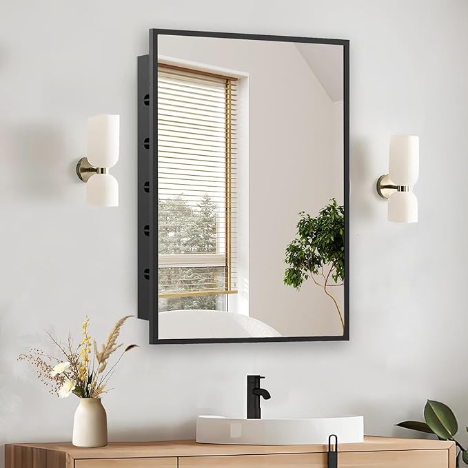 Recessed Medicine Cabinet with Mirror 16x24 inch, Mirrored Medicine Cabinets for Bathroom, Black Bathroom Mirror with Storage, Metal Medicine Cabinet with Mirror, 2 Adjustable Metal Shelves