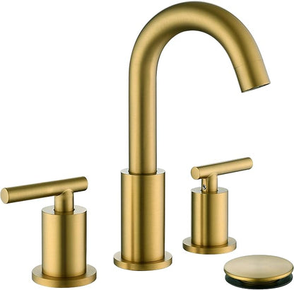 Brushed Brass Bathroom Faucet 3 Hole with Pop Up Drain with Over Flow and Supply Hose, Stainless Steel 8 in Widespread Gold Bathroom Sink Faucet, ChiLDano 2 Handle Gold Bathroom Faucet CH2183BBG
