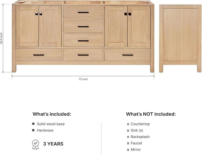 ARIEL Cambridge 72-inch Bathroom Vanity Base Cabinet,Solid Wood, 4 Soft Closing Doors, 6 Dovetail Drawers, White Oak