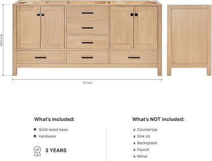 ARIEL Cambridge 72-inch Bathroom Vanity Base Cabinet,Solid Wood, 4 Soft Closing Doors, 6 Dovetail Drawers, White Oak
