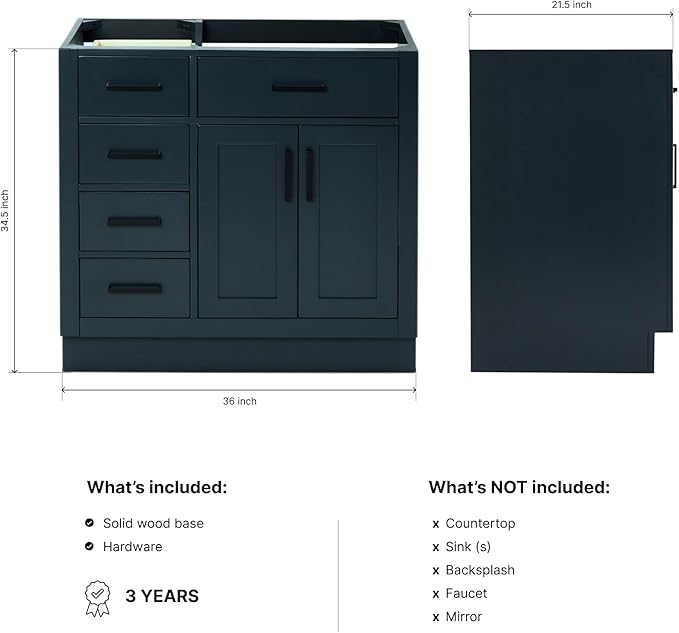 ARIEL Hepburn 36-inch Bathroom Vanity Base Cabinet,Solid Wood, 2 Soft Closing Doors, 5 Dovetail Drawers, Midnight Blue