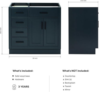 ARIEL Hepburn 36-inch Bathroom Vanity Base Cabinet,Solid Wood, 2 Soft Closing Doors, 5 Dovetail Drawers, Midnight Blue