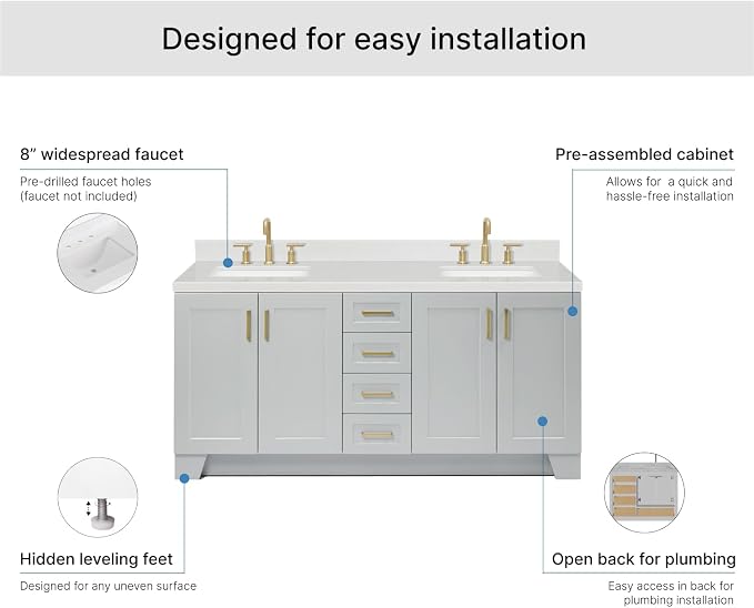 ARIEL Taylor 72-inch Bathroom Vanity with Sink,Solid Wood, 1.5-inch Carrara White Quartz Countertop & Backsplash, Double Rectangular Porcelain Sink, 4 Soft Closing Doors, 6 Dovetail Drawers, Grey
