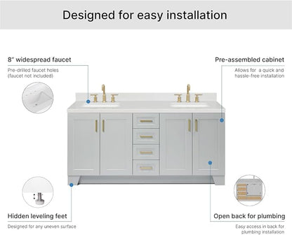 ARIEL Taylor 72-inch Bathroom Vanity with Sink,Solid Wood, 1.5-inch Carrara White Quartz Countertop & Backsplash, Double Rectangular Porcelain Sink, 4 Soft Closing Doors, 6 Dovetail Drawers, Grey