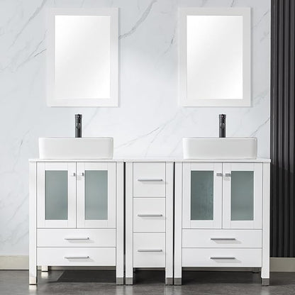 LUCKWIND 60" Double 24" Bathroom Vanity with Sink Combo, Elegant Series with One 12.6-in Side Cabinet, Painted Frame, Including Black Line Rectangle Sinks, Faucets Without Mirrors, White