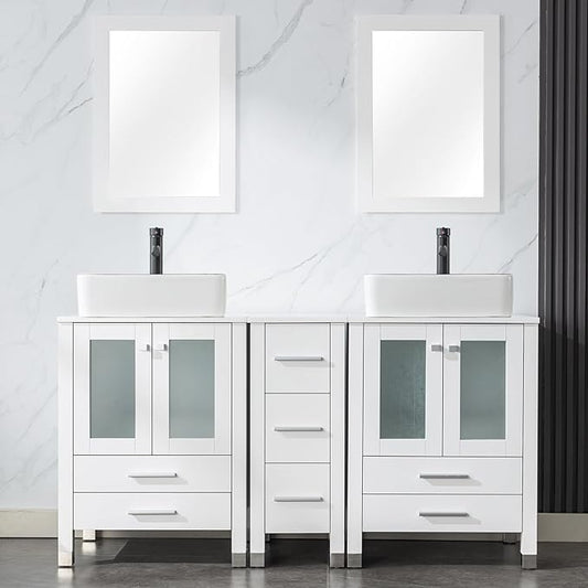 LUCKWIND 60" Double 24" Bathroom Vanity with Sink Combo, Elegant Series with One 12.6-in Side Cabinet, Painted Frame, Including Black Line Rectangle Sinks, Faucets Without Mirrors, White