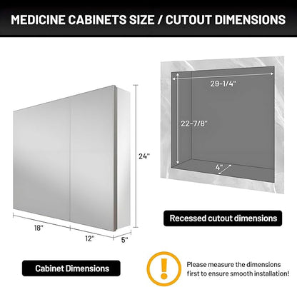 30 x 24 Medicine Cabinet Mirror for Bathroom,Aluminum Alloy Frame,Recessed/Surface Mounted,Mirrored Side Panel,Adjustable Shelves,Bathroom Medicine Cabinet with Mirror,Assembly Required