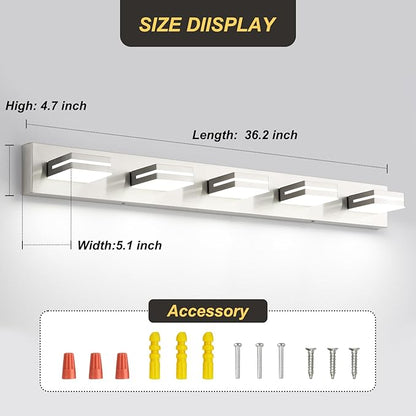 OKELI 5 Lights Bathroom Vanity Light Fixtures Brushed Nickel LED Dimmable Vanity Light Over Mirror Modern Wall Mounted Lighting Fixture, 350° Rotatable Lamp Head 36W Cold White 6000K ETL Listed