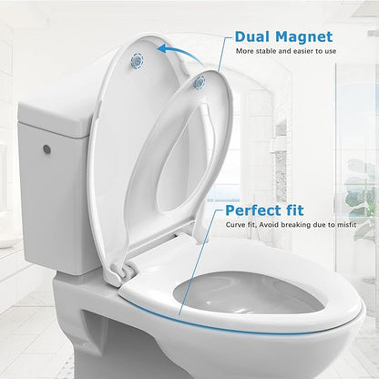 19" Elongated Toilet Seat 2-Piece Set for Adult and Child, Built-In Potty Training with Soft Quiet Close and Non-Slip Design, Magnetic Seat and Cover, White, Easy to Install