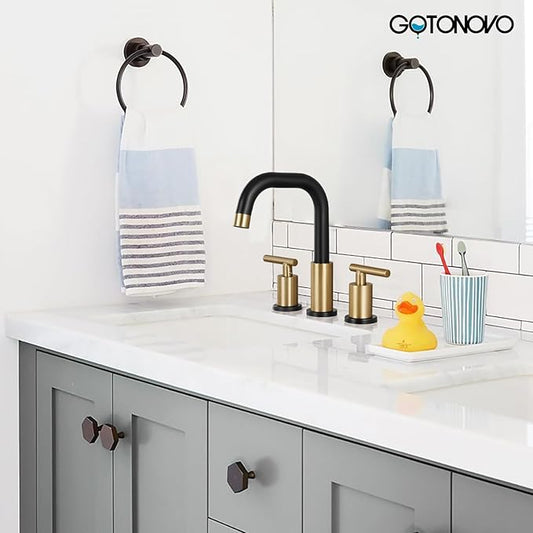gotonovo 8 Inch Widespread Bathroom Sink Faucet 3 Hole 2 Handles Lavatory Basin with Pop Up Drain with Hot and Cold Mixer Valves Modern Black & Brushed Gold