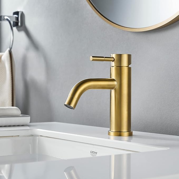 Modern Single Handle Bathroom Faucet Single Hole Brushed Gold Bathroom Sink Faucet Stainless Steel Commercial Basin Faucet (Brushed Gold No Drain)