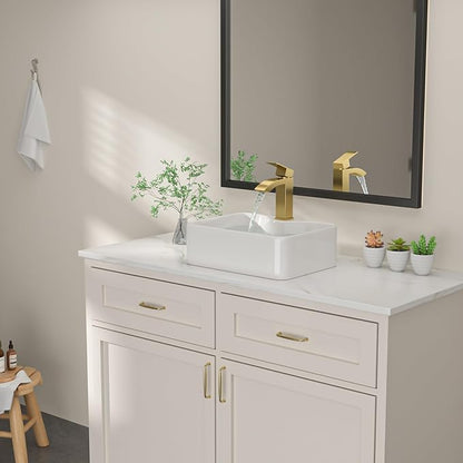 Dcolora 16 in. White Vessel Sink, Rectangular Porcelain Ceramic Above Counter Sink, Small Bathroom Sink with Gold Accessories,12"D x 16"W x 5"H #DC-SFDOE00084