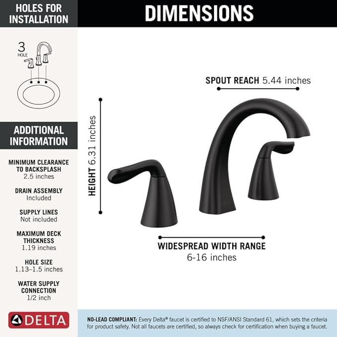 Delta Arvo Matte Black Bathroom Faucet 3 Hole, 8 Inch Widespread Bathroom Sink Faucet for Vanity, Push-Pop Drain Assembly, Matte Black 35840LF-BL