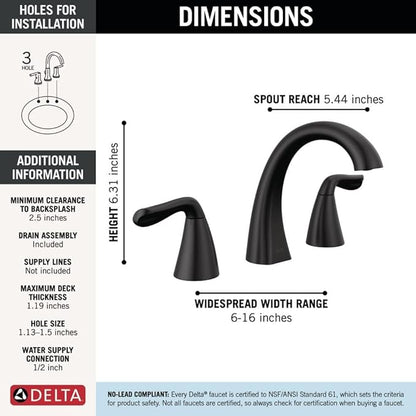 Delta Arvo Matte Black Bathroom Faucet 3 Hole, 8 Inch Widespread Bathroom Sink Faucet for Vanity, Push-Pop Drain Assembly, Matte Black 35840LF-BL