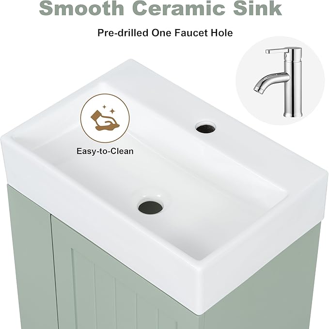 Harper & Bright Designs 20" Bathroom Vanity with Sink, Wall-Mounted Single Basin Vanity Set with One Drawer & Two-Tier Left Side Storage Shelf, Storage Cabinet with Ceramic Basin for Bathroom, Green
