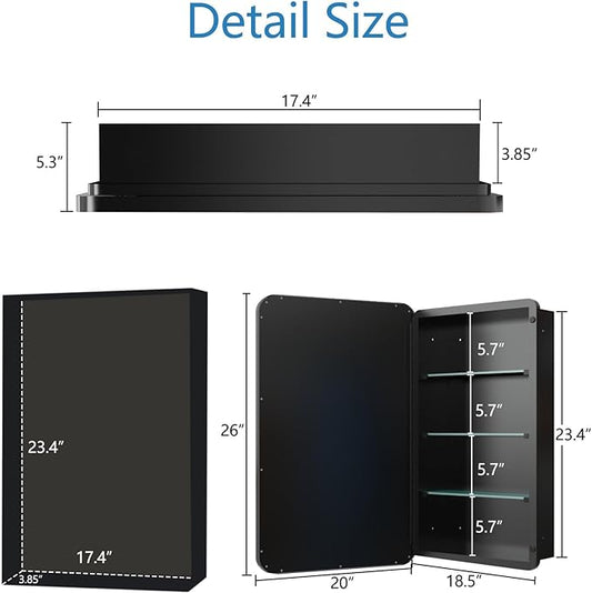Medicine Cabinet with Mirror, 20x26 Inch Black Bathroom Mirrored Cabinet, Metal Framed Wall Cabinet with Mirror, Modern Surface Mount or Recessed Medicine Cabinet with Storage