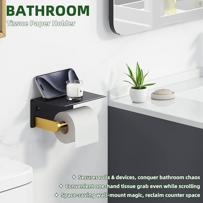 Toilet Paper Holder with Storage Shelf, Black & Gold, Wall Mounted | Rustproof 304 Stainless Steel, Fits for Bathroom, Restroom, Powder Room, Functional Paper Rolls & Phone Storage Tissue Holder