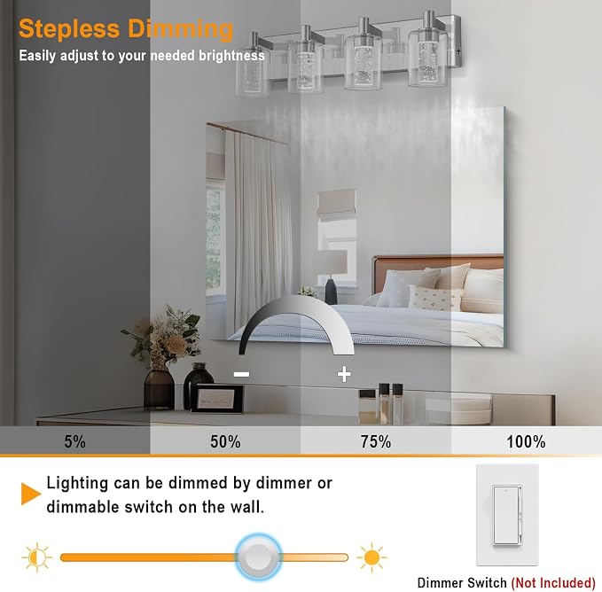 SineRise Vanity Light with 3 Color Modes (3000K/4000K/6000K), Eye Protection LED Bathroom Light Fixture, Dimmable Modern Wall Light Over Mirror with Clear Glass Shade (Chrome, 4-Light)