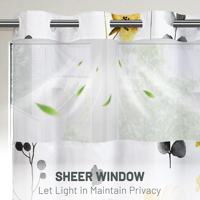 No Hook Floral Shower Curtain with Liner, Yellow Gray, 71x77 | Snap in Liner, 3 in 1, Water Repellent, Easy Install, Machine Washable, Hotel Style for Bathroom, Watercolor Pattern
