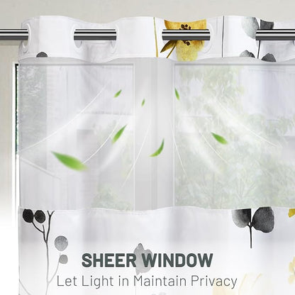 No Hook Floral Shower Curtain with Liner, Yellow Gray, 71x77 | Snap in Liner, 3 in 1, Water Repellent, Easy Install, Machine Washable, Hotel Style for Bathroom, Watercolor Pattern